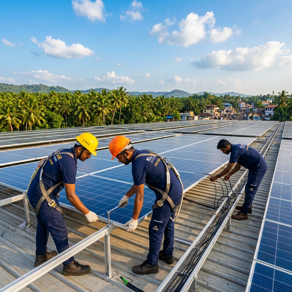 Echonix team installing solar panels on a commercial rooftop in Kerala